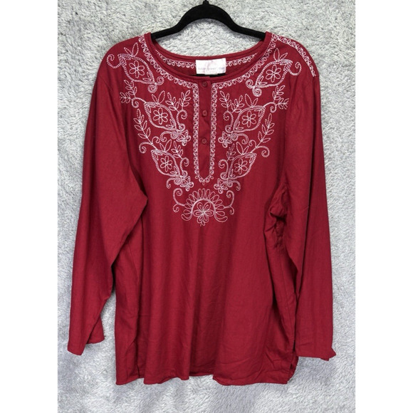 Susan Graver WomenS 3X‎ Red Linen Blend Top Embroidered Boho Lagenlook Coastal - Picture 1 of 12